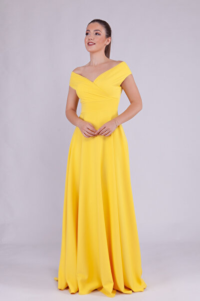 NO48 فستان سهرة من القماش المنسوج ذو الرقبة الطويلة باللون الأصفر