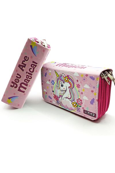 Limmy Ανοιξιάτικη Floral Unicorn Μολυβοθήκη Kawai Organizer Μολυβοθήκη Vegan Δερμάτινη θήκη για στυλό τριών διαμερισμάτων - Ροζ