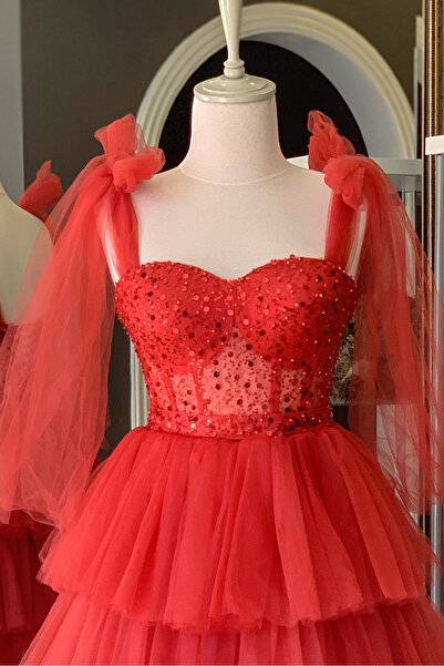 Lenta Moda Kırmızı Sıvama Dantel Kaplı Mini Gece ve Parti Elbisesi