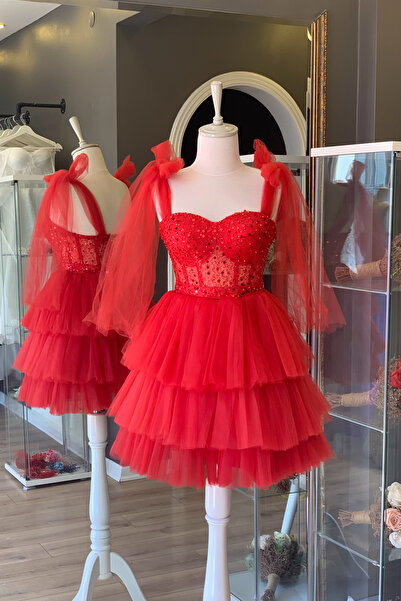 Lenta Moda Kırmızı Sıvama Dantel Kaplı Mini Gece ve Parti Elbisesi