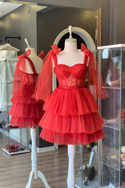 Lenta Moda Kırmızı Sıvama Dantel Kaplı Mini Gece ve Parti Elbisesi