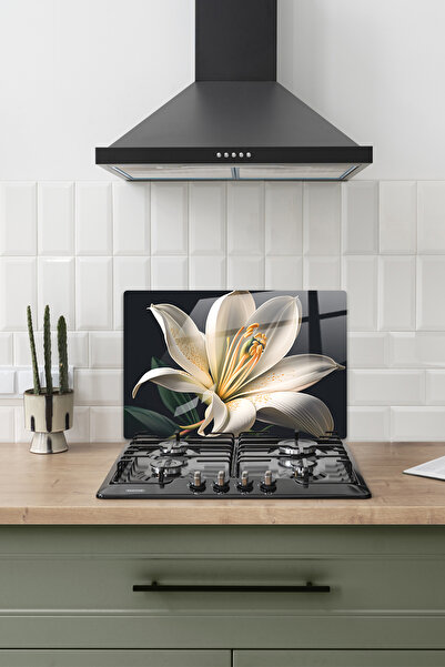 ALİN DİZAYN Cam Ocak Arkası Koruyucu | Beyaz Zambak | Siyah Fon | 40cm X 60cm