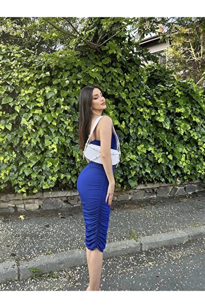 Maison La Femme Okyanus Mavi İnce Askılı Drapeli Midi Elbise