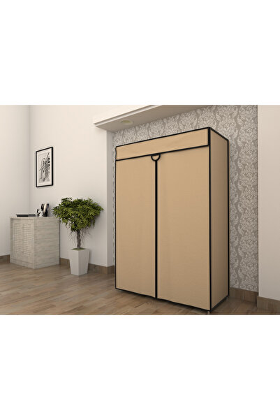 Burak Çelik Borulu Plastik Raflı Bej Bez Dolap Gardırop