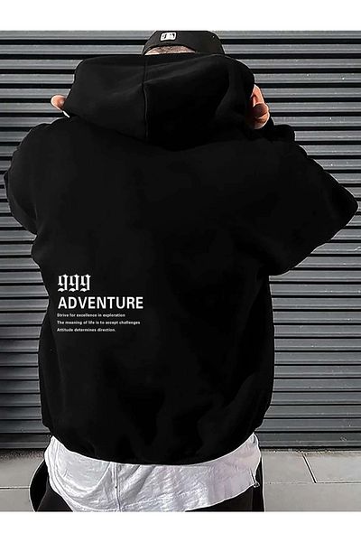 Black Sokak Black 999 Adventure Printed Oversize Hooded Men's Sweatshirt