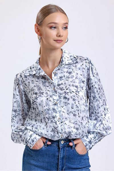 MD trend Women's Anthracite Balloon Sleeve Floral Patterned Summer Yoryo Satin Shirt