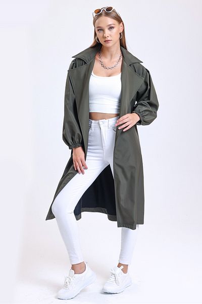 MD trend Women's Khaki Double Pocket Balloon Sleeve Belted Trench Coat