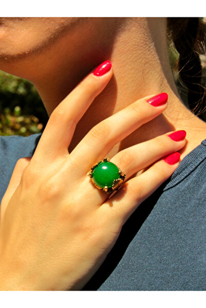 esha خاتم نسائي من الحجر الطبيعي من العقيق الأخضر بنمط أوراق الشجر قابل للتعديل