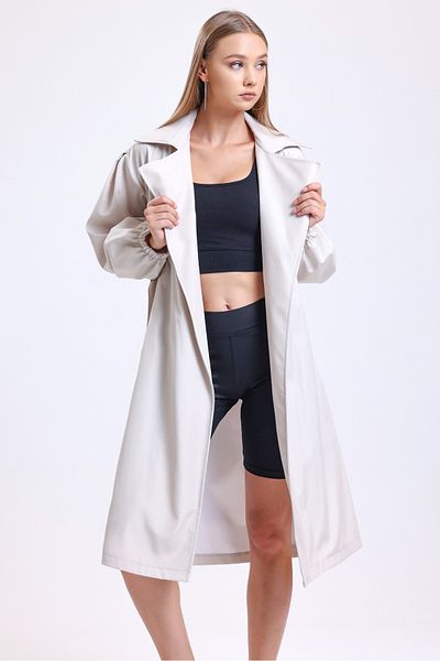 MD trend Women's Stone Double Pocket Balloon Sleeve Belted Trench Coat