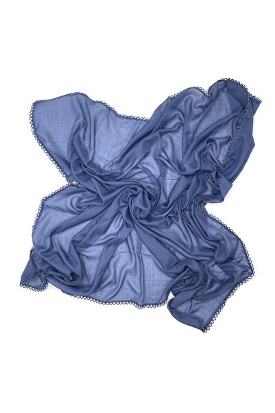 nazipek Kenarları Oyalı Pamuklu Indigo Mavi Yazma 100x100cm Eşarp