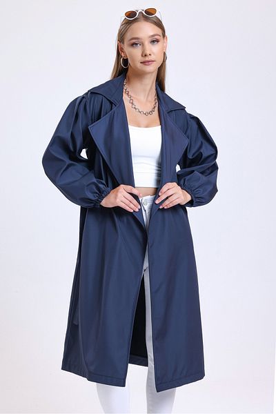 MD trend Trenci pentru damă, albastru bleumarin, cu buzunare duble, cu mânecă cu balon