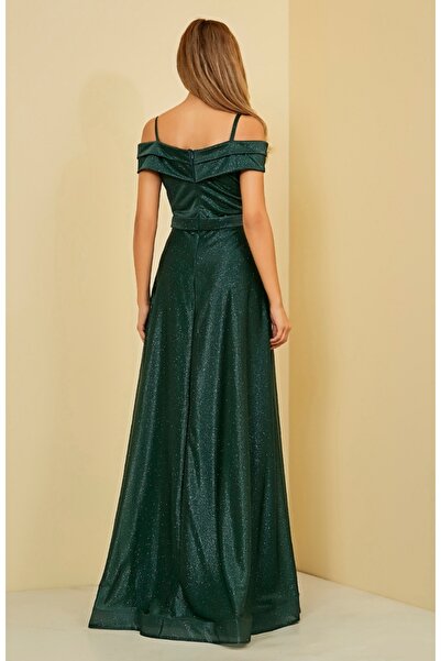 Hepsibitarz Kadın Yeşil Simli Askılı Abiye Elbise