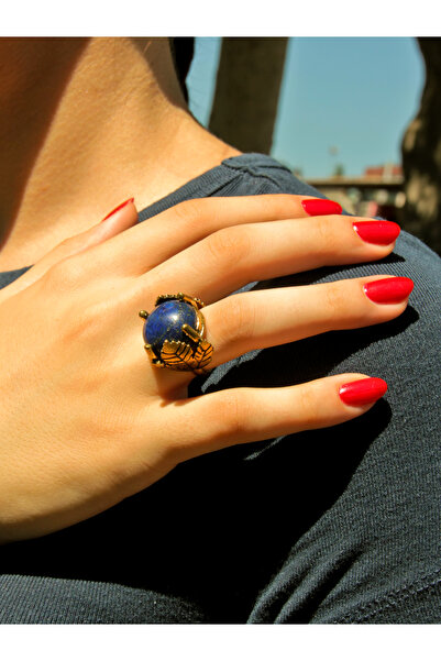 esha خاتم نسائي قابل للتعديل من حجر اللازورد الطبيعي بنمط أوراق الشجر