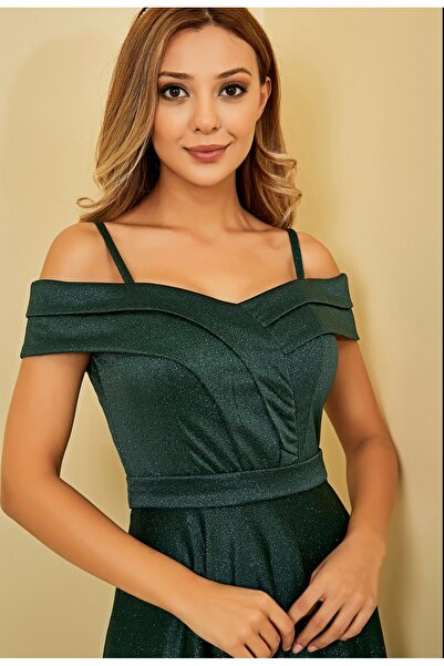 Hepsibitarz Kadın Yeşil Simli Askılı Abiye Elbise