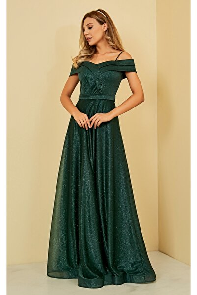 Hepsibitarz Kadın Yeşil Simli Askılı Abiye Elbise