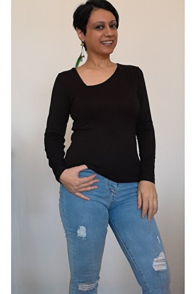 Mertcan Butik Μαύρο μακρυμάνικο μπλουζάκι από χτενισμένο βισκόζη με λεπτομέρε...