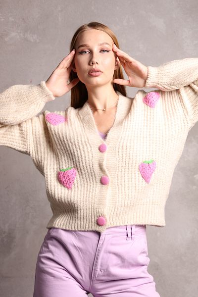 fujya Women's Cardigan Laser Cut Strawberry