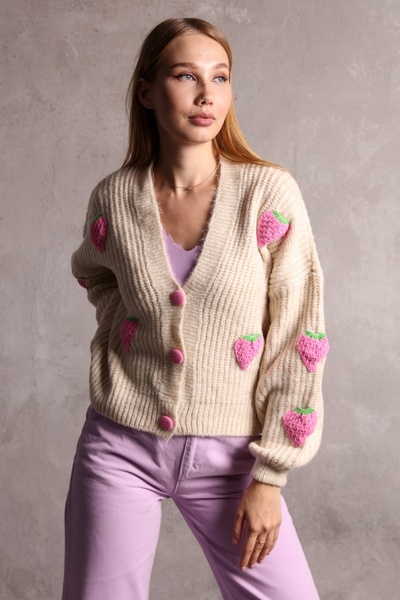 fujya Dámsky cardigan laserom strihaný jahodový