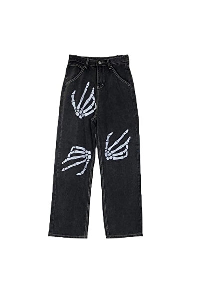 Gofeel Sokak Stili Tarzı İskelet El Baskılı Geniş Paça Koyu Gri Renk Pantolon 3BRO's