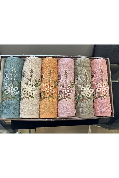AYHANHOME 6-Piece 3D Embroidered Boxed Dowry Set 50x90 Hand and Face Towel Set