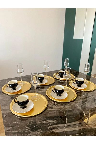 NEWTREND Züccaciye Round Gold Presentation Tray Decorative Serving Tray Tea, Coffee 22 Cm Set of 6