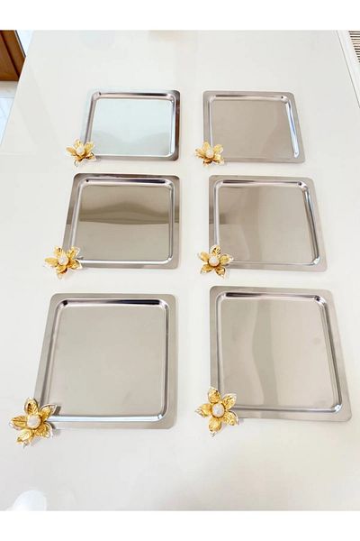 NEWTREND Züccaciye Luxury Lily Floral Stainless Steel Square 6-Piece Silver Coffee, Tea, Decorative Presentation Serving Tray