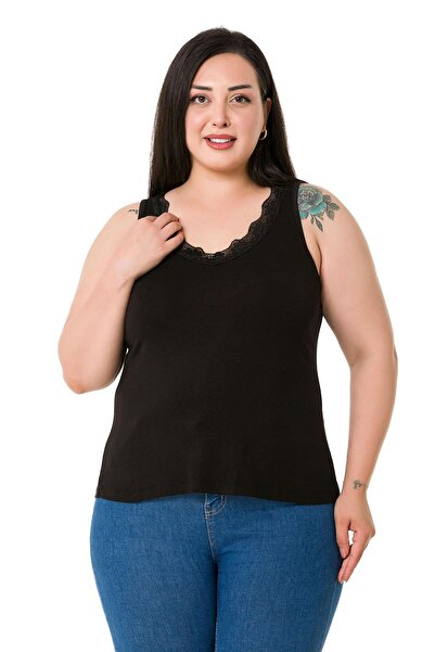 DISENTIS MODEST Plus Size Viscose Black Blouse with Lace Collar and Straps