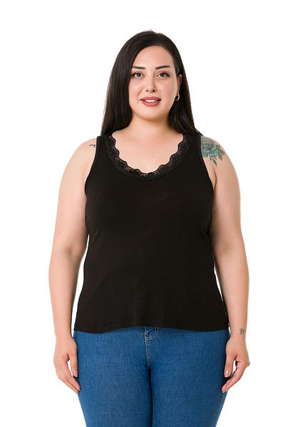 DISENTIS MODEST Plus Size Viscose Black Blouse with Lace Collar and Straps