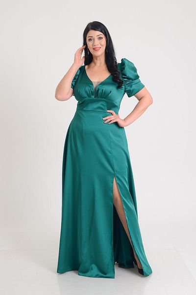 SpringStore Emerald Watermelon Sleeve Satin Evening Dress