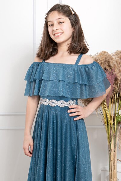 SUBU TASARIM Rochie de seara din tul cu sclipici cu volane Indigo Mdv314