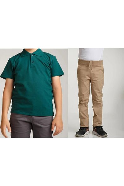 FATELLA Unisex children's school rib waist pants - dark green short sleeve Polo collar T-shirt Two pieces set