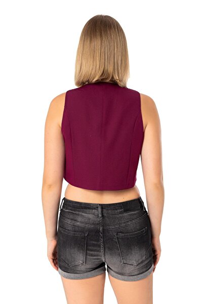 DISENTIS MODEST Buttoned V-Neck Lined Short Claret Red Women's Vest