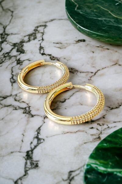 toptanhanem Halka Tasarım Zirkon Taşlı Altın Renk Çelik Küpe - Şık ve Zarif T...