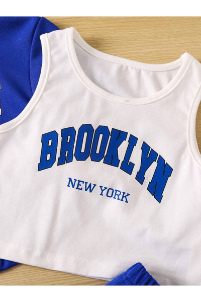 Machetta Kids Hooded Saks Blue 3-Piece Brooklyn White Strappy Crop Tracksuit Set