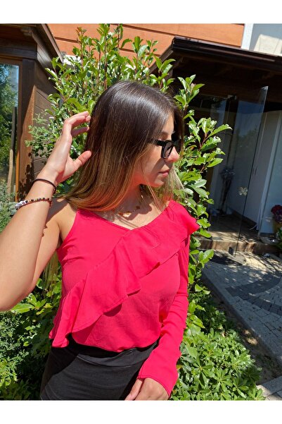 Kübra Tekstil Neon roza bluza s jednim rukavom, detaljima na ramenu i volanima