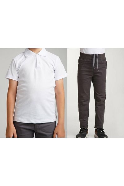 FATELLA Unisex children's school ribbed waist trousers - white short sleeve Polo collar T-shirt 2-piece set