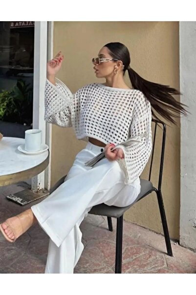 Genel Markalar Kadın Bej Ajurlu Triko Crop