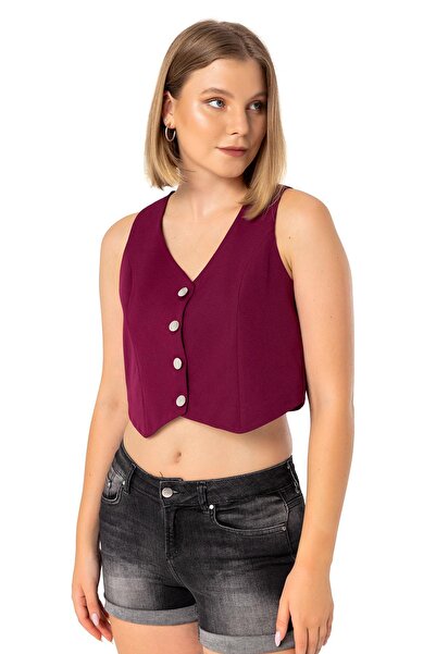 DISENTIS MODEST Buttoned V-Neck Lined Short Claret Red Women's Vest