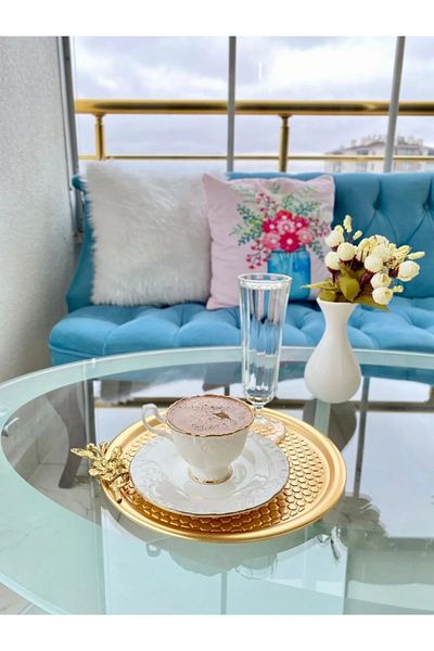 NEWTREND Züccaciye 2-Piece Round Patterned Gold Plated Floral Presentation Tray, Decorative Serving Tray Tea Coffee 23 Cm