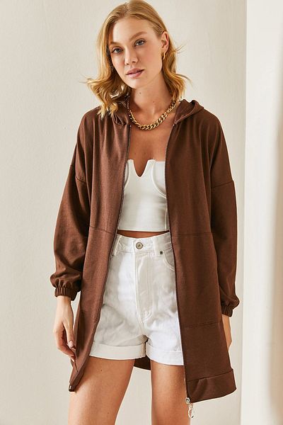 XHAN Brown Hooded & Zippered Sweatshirt 3YXK8-47513-18