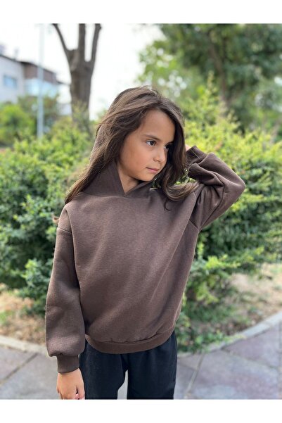 MORNİNG KİDS Детски унисекс кафяв обикновен суичър с качулка