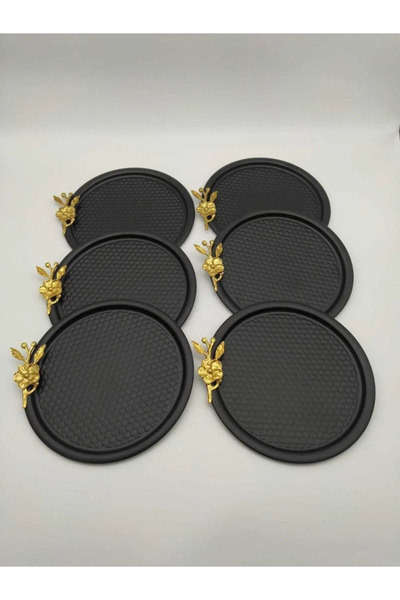 NEWTREND Züccaciye Set of 6 Black Round Patterned Gold Floral Presentation Tr...