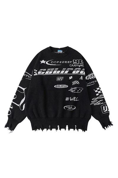 Touz Moda Race Flag Unisex Oversize Black Sweater