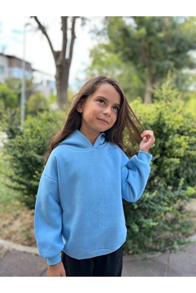 MORNİNG KİDS Çocuk Unisex Kapşonlu Bebe Mavi Düz Sweatshirt