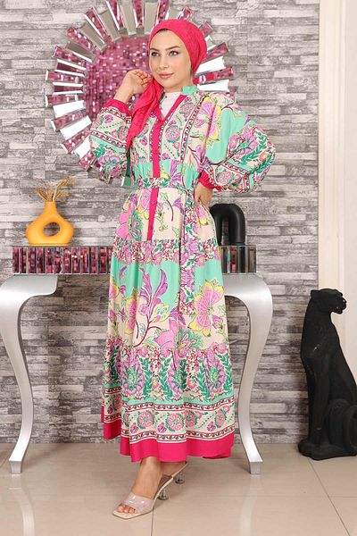 Modamihram Floral Patterned Half Buttoned Dress Pink 19145