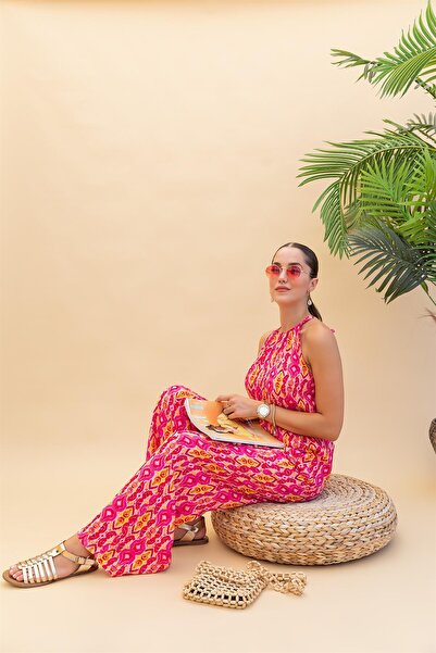 Laluvia Růžovo-oranžový zavazovací maxi overal