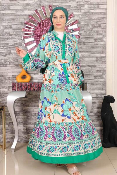 Modamihram Floral Patterned Half Button Dress Mint 19145