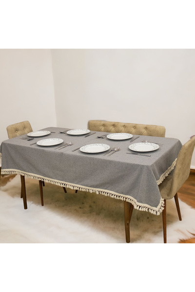 NDC HOME Gray Anthracite Cotton Linen Stripe Pompom Tablecloth