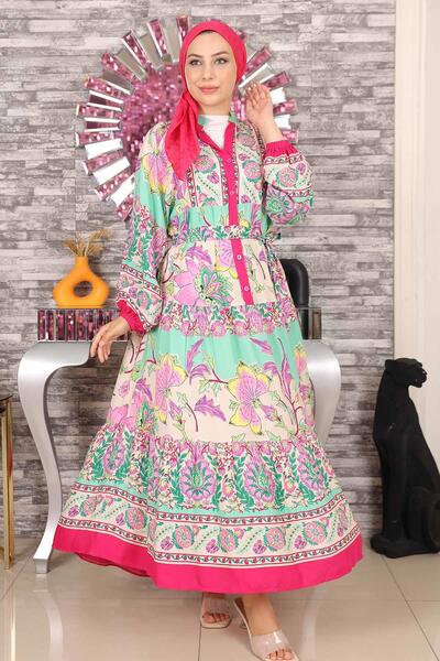 Modamihram Floral Patterned Half Buttoned Dress Pink 19145