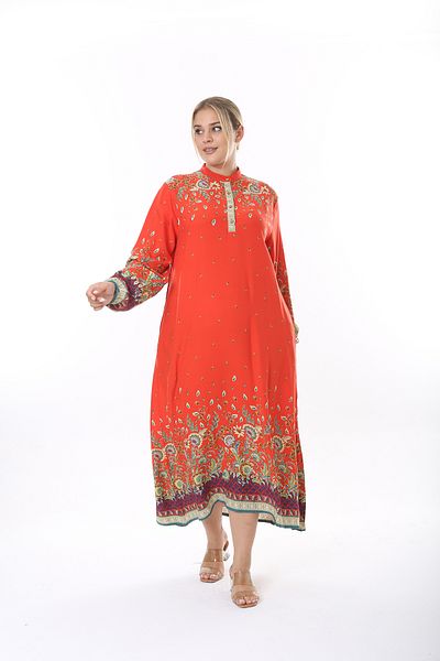 XL Modam WOMEN'S LARGE SIZE WOVEN VISKOSE ORANGE FLOWER PATTERNED DOMINANT COLLAR DRESS